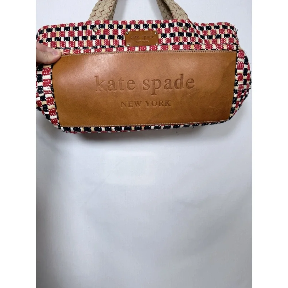 Kate Spade Woven Straw Tote Bag Red Black Cream Leather Trim Large Shopper